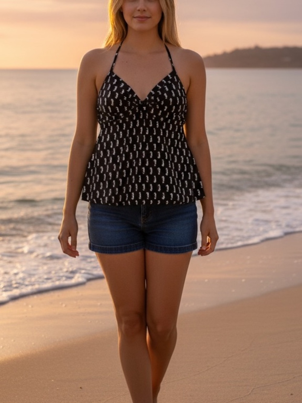 Tropical Escape Seahorse Size 10 Tankini Top adjustable black white
